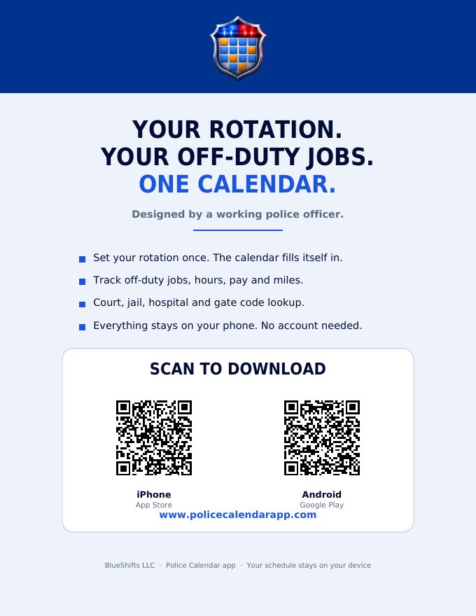 BlueShifts flyer with the shield, headline, four bullet points and two QR codes for the App Store and Google Play