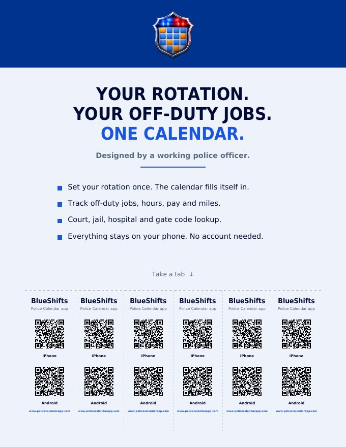 BlueShifts flyer with six tear-off tabs along the bottom, each with an App Store code, a Google Play code and the web address
