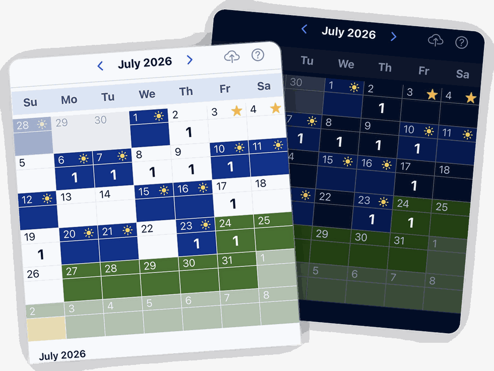 The BlueShifts calendar shown twice side by side, once in light mode and once in dark mode