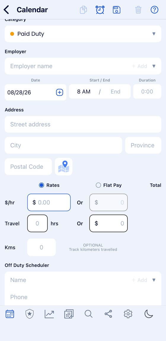 Adding a paid duty job: category, employer, date, start and end, address with province and postal code, hourly rate or flat pay, travel, kilometres and the off-duty scheduler