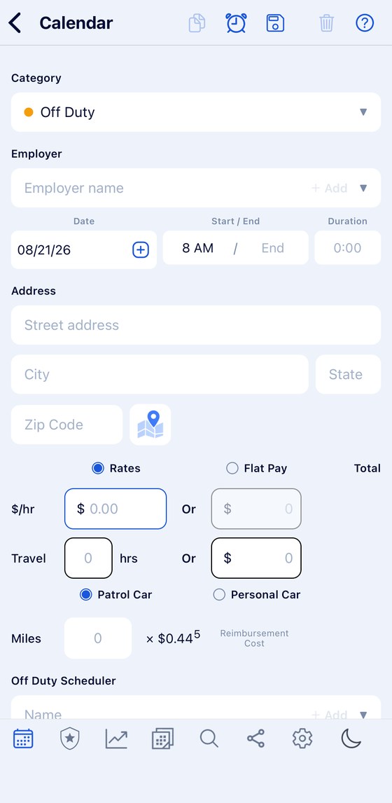 Adding an off-duty job: category, employer, date, start and end, address, hourly rate or flat pay, travel, patrol or personal car, miles and the off-duty scheduler