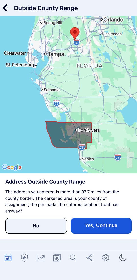 A warning that the address entered is outside the area of assignment, with the area shaded on the map and a pin on the job