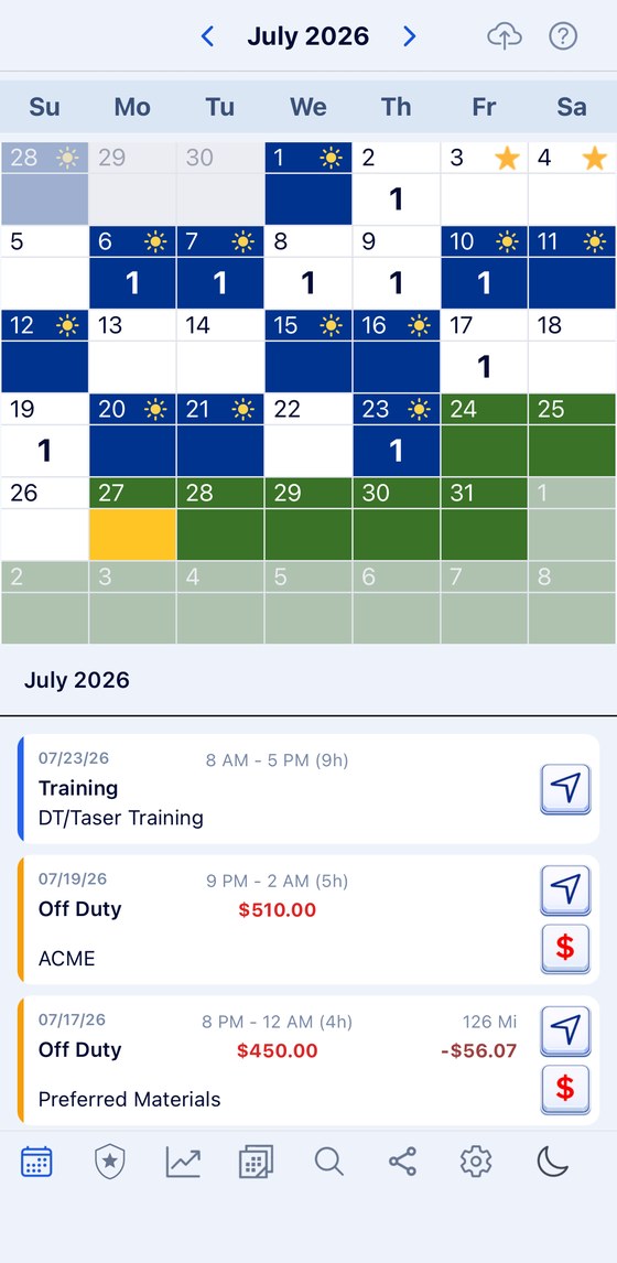 Month calendar for July 2026 with shift days, leave and an paid duty job, and the day's entries listed below