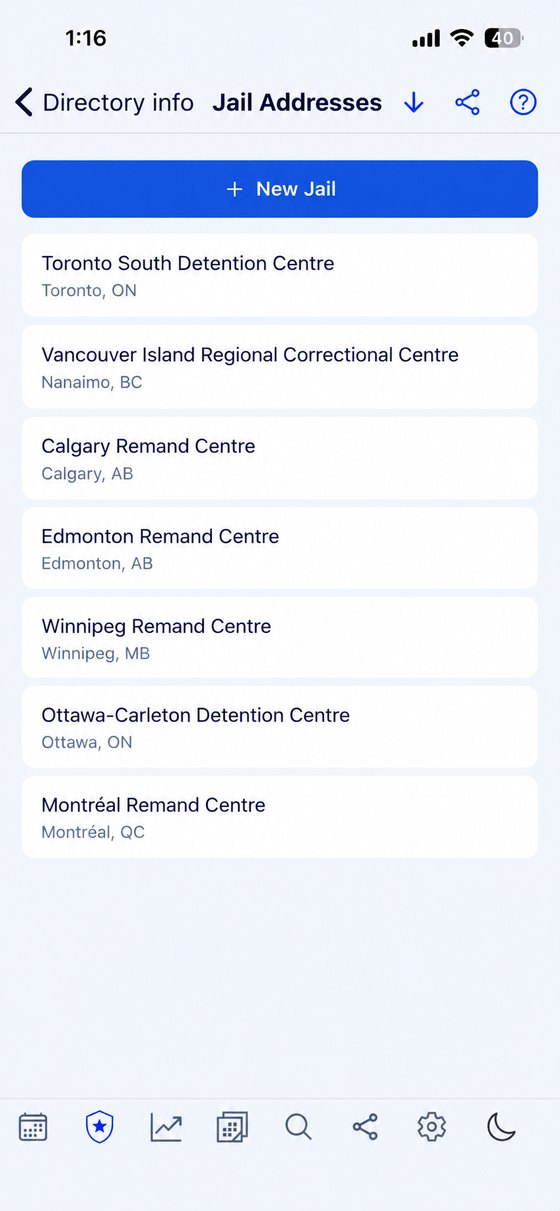 Court Addresses screen listing courthouses by county with the city each one is in