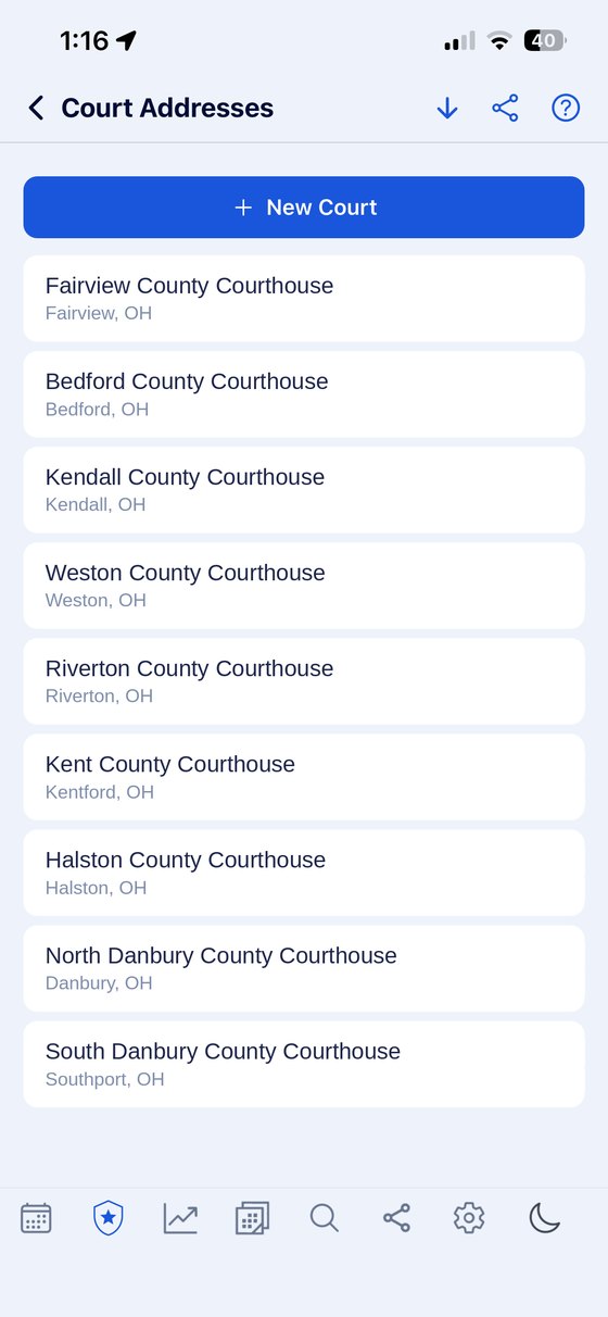 Court Addresses screen listing courthouses by county with the city each one is in
