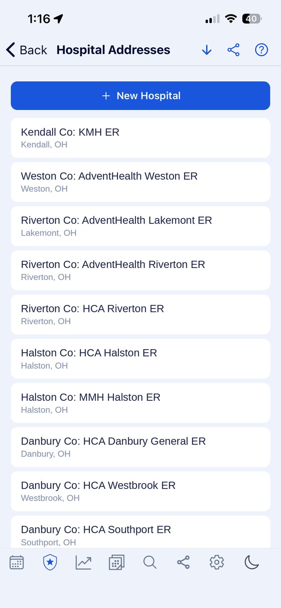 Hospital Addresses screen listing emergency rooms by county with the city each one is in