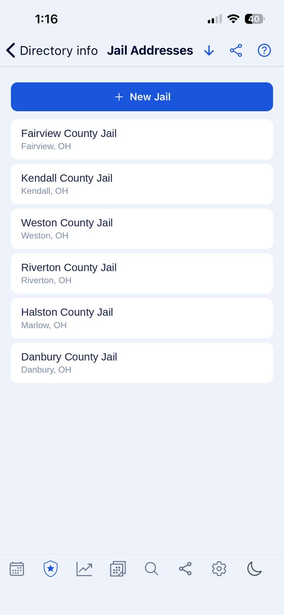 Jail Addresses screen listing county jails with the city each one is in