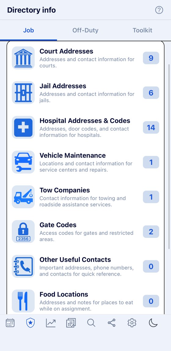 Directory screen listing court addresses, jail addresses, hospital addresses and codes, vehicle maintenance, tow companies and gate codes