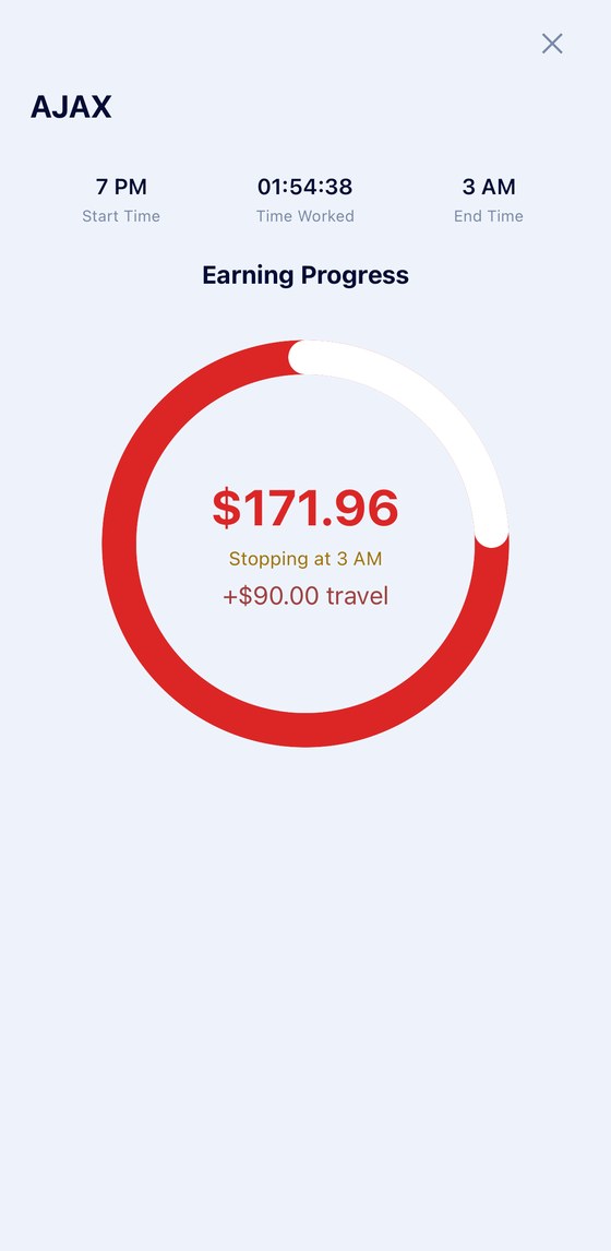 Live earning progress ring for an paid duty job, counting up while the job is worked