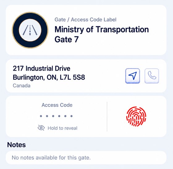 A saved gate entry: the gate name, its address, and the access code hidden behind a hold to reveal control