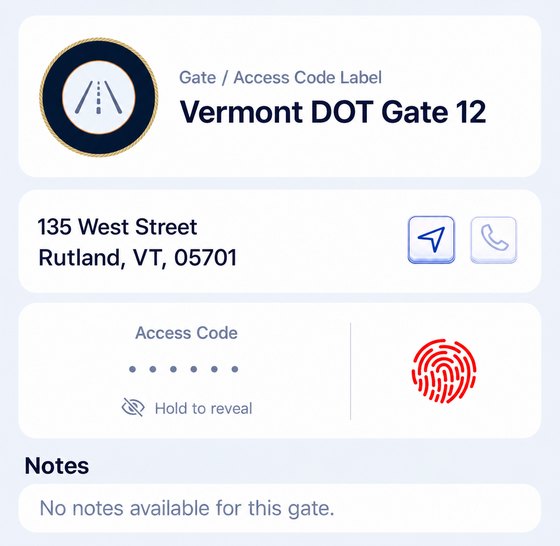 A saved gate entry: the gate name, its address, and the access code hidden behind a hold to reveal control