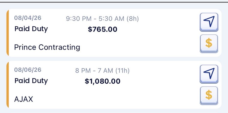 Two paid duty jobs in the calendar, each with the hours, the employer and what it pays, and buttons to navigate there and change its payment status