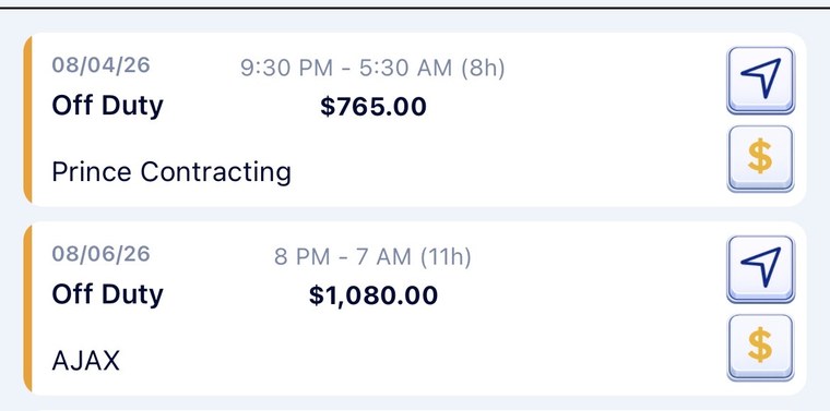 Two off-duty jobs in the calendar, each with the hours, the employer and what it pays, and buttons to navigate there and change its payment status