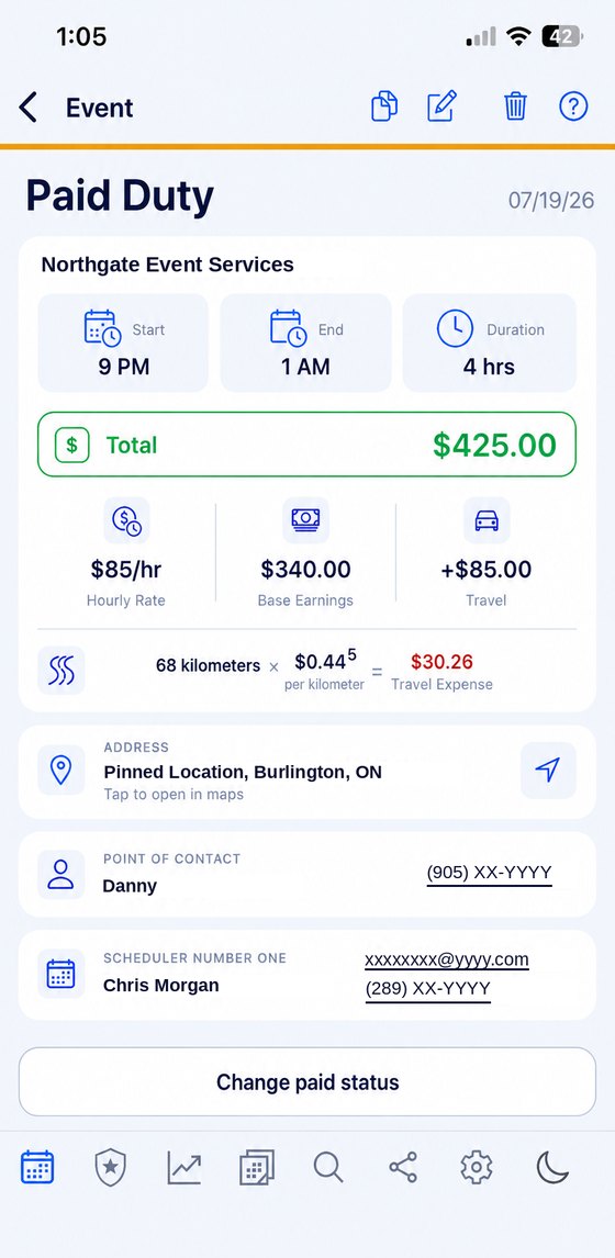 A finished paid duty job: employer, start and end, four hours, hourly rate, base earnings, travel pay, kilometres at a rate per kilometre, the address, the point of contact and the scheduler, with a button to change paid status