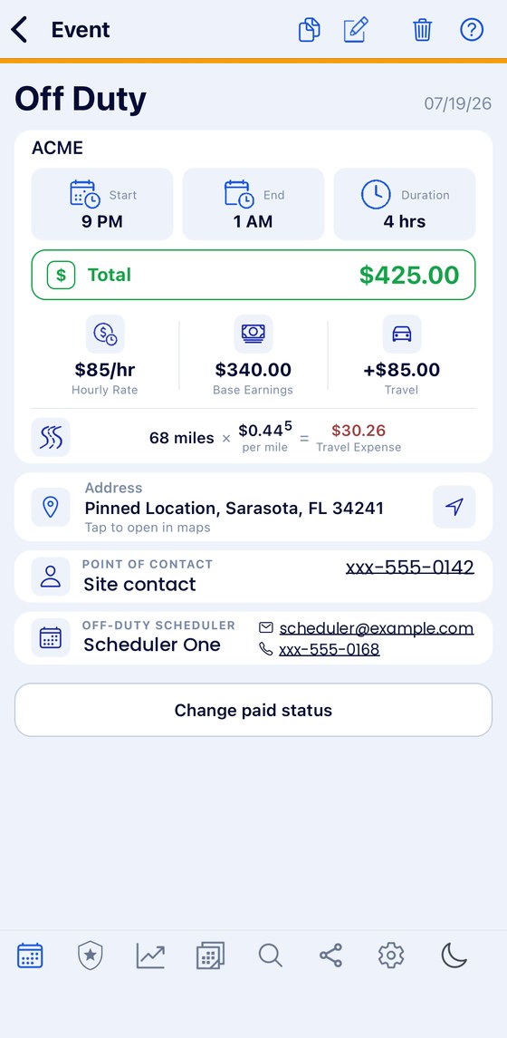A finished off-duty job: employer, start and end, four hours, hourly rate, base earnings, travel pay, miles at a rate per mile, the address, the point of contact and the scheduler, with a button to change paid status