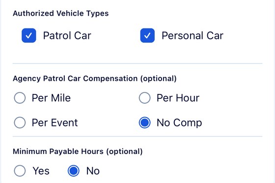 The Off-Duty Profile settings screen: Authorized Vehicle Types with Patrol Car and Personal Car, Agency Patrol Car Compensation set to per mile, per hour, per event or no comp, and Minimum Payable Hours
