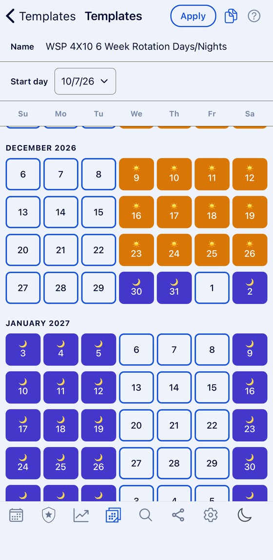 Rotating shift template screen showing a repeating six week days and nights pattern laid out across December and January
