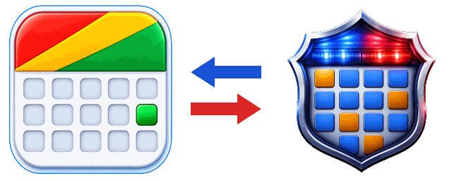 A Google Calendar icon and a BlueShifts shield with arrows running both ways between them