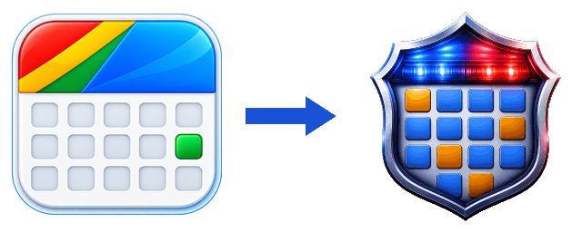 A Google Calendar icon with a single arrow pointing to a BlueShifts shield